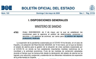 Condiciones de entrenamiento para deportistas profesionales y federados a partir del 4 de mayo